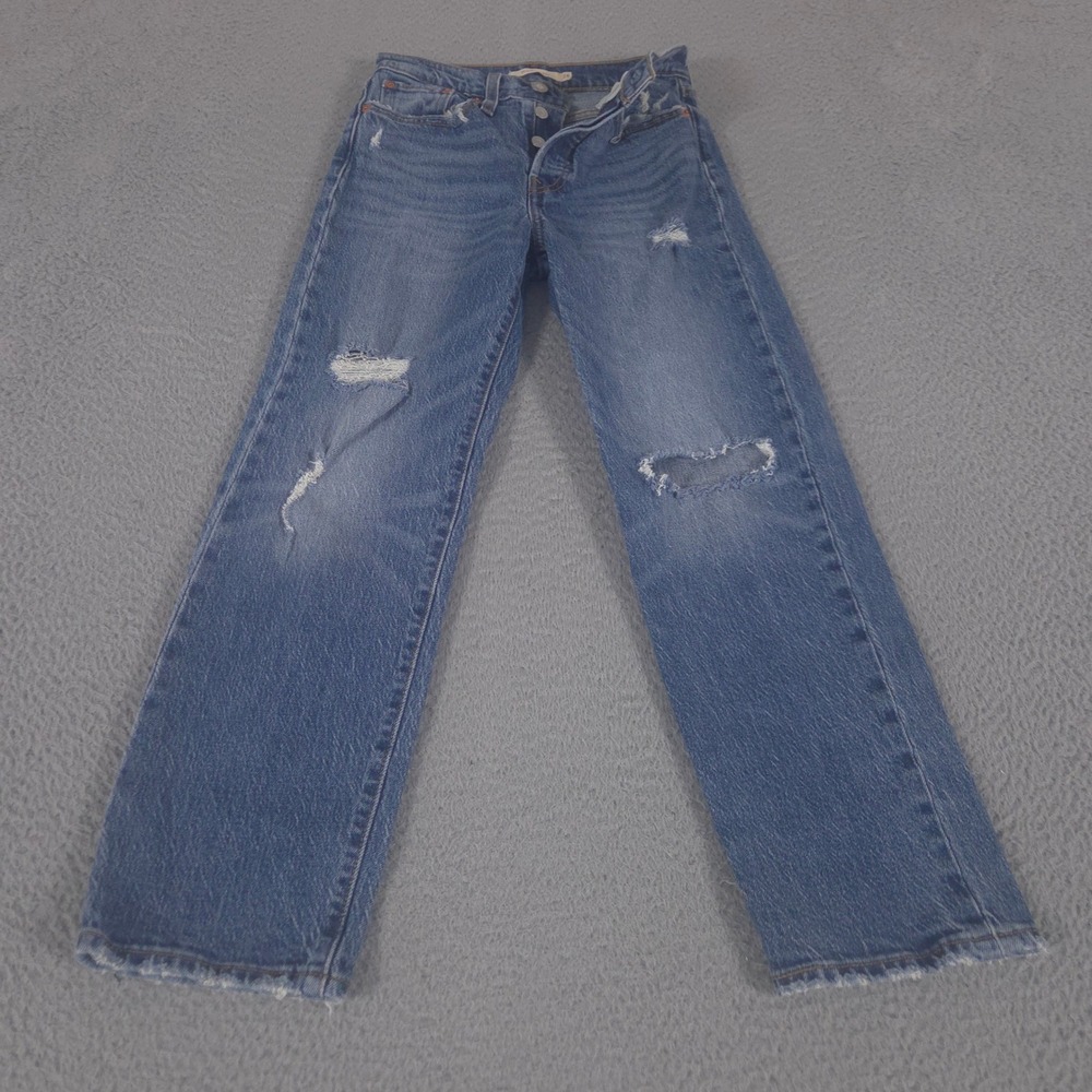Levi's Jeans Womens 24 Blue Wedgie Straight Distressed Ripped Knee Raw Hem Denim
